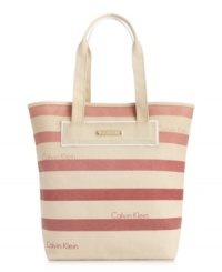 Wear with that breezy dress for rooftop cocktails or shorts and sandals by the beach, this every-occasion tote from Calvin Klein is the perfect companion. Dressed up in subtle stripes and discrete logo lettering for a look that's undecidedly delightful. Wear with that breezy dress for rooftop cocktails or shorts and sandals by the beach, this every-occasion tote from Calvin Klein is the perfect companion. Dressed up in subtle stripes and discrete logo lettering for a look that's undecidedly delightful.