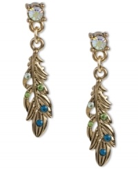 Take off with Betsey Johnson! These golden feather earrings incorporate blue and green-hued crystal accents and a clear crystal at the post. Crafted in antiqued gold tone mixed metal. Approximate drop: 1-1/2 inches. Take off with Betsey Johnson! These golden feather earrings incorporate blue and green-hued crystal accents and a clear crystal at the post. Crafted in antiqued gold tone mixed metal. Approximate drop: 1-1/2 inches.