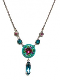 Firefly Antique Steel La Dolce Vita Circle with Drop Swarovski Crystal and Czech Bead Mosaic Pendant Necklace in Indicolite Blue