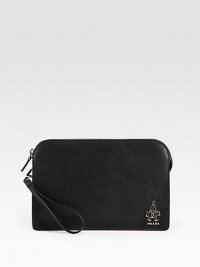 Smart, sophisticated design with attached wristlet strap.Zip closureAdjustable shoulder strapExterior, interior zip pocketsLeather11W x 7H x 3DMade in Italy Smart, sophisticated design with attached wristlet strap.Zip closureAdjustable shoulder strapExterior, interior zip pocketsLeather11W x 7H x 3DMade in Italy