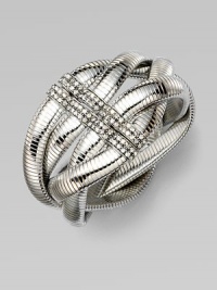 Interwoven bands of ribbed silvertone create a dramatic look, with a Swarovski crystal-set clasp.CrystalSilverplatedDiameter, about 2½Magnetic snap claspMade in Italy Interwoven bands of ribbed silvertone create a dramatic look, with a Swarovski crystal-set clasp.CrystalSilverplatedDiameter, about 2½Magnetic snap claspMade in Italy