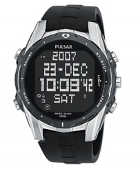 This digital men's watch from Pulsar features a comfortable, athletic strap and multiple functions. Black polyurethane strap and silvertone stainless steel round case. Black digital round dial with world time, alarm clock, stopwatch and countdown features. Digital movement. Water resistant to 100 meters. Three-year limited warranty. This digital men's watch from Pulsar features a comfortable, athletic strap and multiple functions. Black polyurethane strap and silvertone stainless steel round case. Black digital round dial with world time, alarm clock, stopwatch and countdown features. Digital movement. Water resistant to 100 meters. Three-year limited warranty.