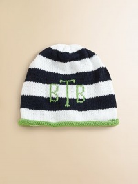 Sure to become a keepsake, this adorable hat combines both style and practicality in one great gift. Crafted in a combination of wide stripes with a rolled edge and the softness of pure cotton. CottonMachine washMade in USAFOR PERSONALIZATION Select a quantity, then scroll down and click on PERSONALIZE & ADD TO BAG to choose and preview your personalization options. Please allow 4-6 weeks for delivery. 