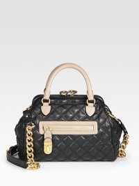 A colorblocked style with a quilted leather design and a feminine frame.Double top handles, 4 dropDetachable adjustable chain and leather shoulder strap, 17½-19½ dropKiss-lock closureOne outside zip pocketOne inside zip pocketTwo inside open pocketsCotton lining11½W X 9½H X 5½DMade in Italy A colorblocked style with a quilted leather design and a feminine frame.Double top handles, 4 dropDetachable adjustable chain and leather shoulder strap, 17½-19½ dropKiss-lock closureOne outside zip pocketOne inside zip pocketTwo inside open pocketsCotton lining11½W X 9½H X 5½DMade in Italy