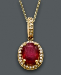 Fit for a queen. This royalty-inspired pendant by Effy Collection features a bold oval-cut ruby (1-3/8 ct. t.w.) surrounded by sparkling pave-set diamond (1/6 ct. t.w.). Crafted in 14k gold. Approximate length: 18 inches. Approximate drop: 3/4 inch.