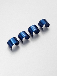 Finished in a deep shade of blue, these strikingly simple, flexible open bands can be worn on one or both hands in any combinations you choose.BrassPlasticWidth, about .75Made in Italy Finished in a deep shade of blue, these strikingly simple, flexible open bands can be worn on one or both hands in any combinations you choose.BrassPlasticWidth, about .75Made in Italy