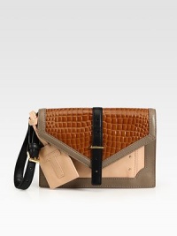 Multi-tone leather design with a croc-print leather flap and signature logo tag. Leather wristlet strap, 7 dropFlap closure with adjustable buckleBack zipperInside zipper under flapCanvas lining9W X 6H X 2DImported Multi-tone leather design with a croc-print leather flap and signature logo tag. Leather wristlet strap, 7 dropFlap closure with adjustable buckleBack zipperInside zipper under flapCanvas lining9W X 6H X 2DImported