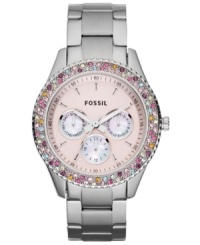 A boyfriend-inspired Stella collection watch by Fossil with added glam, thanks to colorful stone accents at the bezel. A boyfriend-inspired Stella collection watch by Fossil with added glam, thanks to colorful stone accents at the bezel.