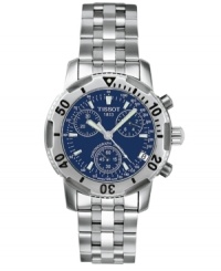 Make a bold statement in this blue dial chronograph. Stainless steel bracelet and case with tachymeter bezel. Deep blue dial with scratch-resistant sapphire glass, date window and three-hand quartz movement. Water resistant up to 200 meters. Two-year limited warranty. Make a bold statement in this blue dial chronograph. Stainless steel bracelet and case with tachymeter bezel. Deep blue dial with scratch-resistant sapphire glass, date window and three-hand quartz movement. Water resistant up to 200 meters. Two-year limited warranty.