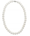 Unrivaled elegance. This rhodium-plated sterling silver necklace features a winning combination of cultured freshwater pearls (10-11 mm) and sparkling Austrian crystals (2 mm) in a unique halo design. Clasp is crafted in a filigree pattern. Approximate length: 18 inches.