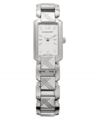 This Burberry timepiece features a stainless steel bracelet with check etching. Stainless steel case. Silver tone dial with logo, numerals at 12 and 6 o'clock and polished silver tone indices. Two hands. Swiss movement. Water resistant to 30 meters. Two-year limited warranty. This Burberry timepiece features a stainless steel bracelet with check etching. Stainless steel case. Silver tone dial with logo, numerals at 12 and 6 o'clock and polished silver tone indices. Two hands. Swiss movement. Water resistant to 30 meters. Two-year limited warranty.