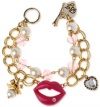 Betsey Johnson Antique Gold-Tone Glass Pearl Lips Charm Bracelet