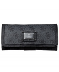 Graphic 4-G pattern and shiny silver-tone hardware lend a luxe look to this sleek silhouette from GUESS. Its precisely organized interior includes billfold compartments, card slots and center zip pocket, so your essentials stay safe and secure. Graphic 4-G pattern and shiny silver-tone hardware lend a luxe look to this sleek silhouette from GUESS. Its precisely organized interior includes billfold compartments, card slots and center zip pocket, so your essentials stay safe and secure.