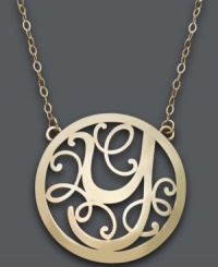 Trend setting style. This popular pendant combines a sweet scrolling design with the letter Y. Circular setting and chain crafted in 14k gold. Approximate length: 17 inches. Approximate drop: 1 inch. Trend setting style. This popular pendant combines a sweet scrolling design with the letter Y. Circular setting and chain crafted in 14k gold. Approximate length: 17 inches. Approximate drop: 1 inch.