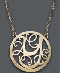 Trend setting style. This popular pendant combines a sweet scrolling design with the letter Y. Circular setting and chain crafted in 14k gold. Approximate length: 17 inches. Approximate drop: 1 inch.