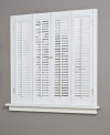 Dress up your windows with the Traditional faux wood shutter. An effortless way to add classic style to any space, it features slim slats which allow for just the right amount of filtered light and a convenient hook latch to keep two shutters closed.