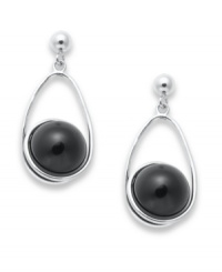 Elegant in onyx. This pair of sterling silver drop earrings brings an understated, yet refined, tone with onyx beads (10 mm) enhancing the appeal. Approximate length: 1 inch. Approximate width: 1/2 inch. Elegant in onyx. This pair of sterling silver drop earrings brings an understated, yet refined, tone with onyx beads (10 mm) enhancing the appeal. Approximate length: 1 inch. Approximate width: 1/2 inch.