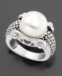 A gorgeous freshwater pearl (11 mm) rests on a bold, basket-weave band, featuring heart-shaped cutout designs at the sides. Set in sterling silver. A gorgeous freshwater pearl (11 mm) rests on a bold, basket-weave band, featuring heart-shaped cutout designs at the sides. Set in sterling silver.