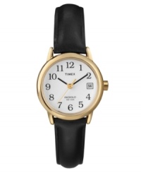 Simplicity wins in this classic watch design by Timex. Black leather strap and round gold tone mixed metal case. White dial features black numerals at markers, date window at three o'clock, black hour and minute hands, gold tone second hand, and logo. Quartz movement. Water resistant to 30 meters. One-year limited warranty. Simplicity wins in this classic watch design by Timex. Black leather strap and round gold tone mixed metal case. White dial features black numerals at markers, date window at three o'clock, black hour and minute hands, gold tone second hand, and logo. Quartz movement. Water resistant to 30 meters. One-year limited warranty.