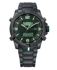 Seconds count. Don't miss a single one with this analog-digital watch by Tommy Hilfiger. Black silicone bracelet and round black ion-plated stainless steel case. Black dial features luminous numerals at twelve, three, six and nine o'clock, stick indices, minute track, three hands and two positive display digital dials. Quartz and digitatl movement. Water resistant to 30 meters. Ten-year limited warranty. Seconds count. Don't miss a single one with this analog-digital watch by Tommy Hilfiger. Black silicone bracelet and round black ion-plated stainless steel case. Black dial features luminous numerals at twelve, three, six and nine o'clock, stick indices, minute track, three hands and two positive display digital dials. Quartz and digitatl movement. Water resistant to 30 meters. Ten-year limited warranty.