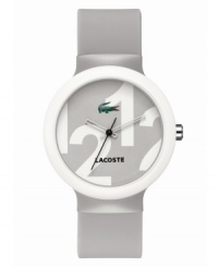 A touch of gray gives that distinguished look. Unisex Goa watch by Lacoste crafted of light gray silicone strap and round plastic case with white bezel. Gray dial features 1212 print, iconic crocodile logo at three o'clock, cut-out hour and minute hands, and black second hand. Quartz movement. Water resistant to 30 meters. Two-year limited warranty.