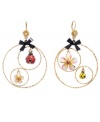 Get down with your inner flower child in Betsey Johnson's flirty gypsy hoop earrings. Each delicate hoop features a colorful ladybug and a petite flower charm. Crafted in gold-plated mixed metal with yellow, pink, white, and black enamel accents and tiny black ribbons. Approximate drop: 3 inches.