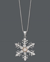 'Tis the season to let it snow! This unique snowflake-shaped pendant features a round-cut diamond accent at center. Crafted in sterling silver with 14k rose gold accents. Approximate length: 18 inches. Approximate drop: 1 inch x 3/4 inch. 'Tis the season to let it snow! This unique snowflake-shaped pendant features a round-cut diamond accent at center. Crafted in sterling silver with 14k rose gold accents. Approximate length: 18 inches. Approximate drop: 1 inch x 3/4 inch.