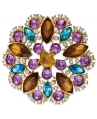 This golden pin from Charter Club creates a spectacle with colorful glass gems. Crafted in gold tone mixed metal. Approximate diameter: 1-3/4 inches. This golden pin from Charter Club creates a spectacle with colorful glass gems. Crafted in gold tone mixed metal. Approximate diameter: 1-3/4 inches.