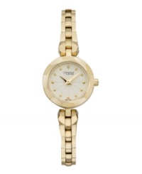 Unique angles add depth to this rich watch by Caravelle by Bulova. Gold tone bracelet and round case. Matte cream dial features applied gold tone dot markers, two hands and logo. Quartz movement. Water resistant to 30 meters. Two-year limited warranty. Unique angles add depth to this rich watch by Caravelle by Bulova. Gold tone bracelet and round case. Matte cream dial features applied gold tone dot markers, two hands and logo. Quartz movement. Water resistant to 30 meters. Two-year limited warranty.