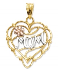 Make this Mother's Day gift magical. This delicate heart charm features a unique diamond-cut setting, a petite flower accent, and the word Mom across the front. Crafted in 14k gold, 14k rose gold and sterling silver. Chain not included. Approximate length: 8/10 inch. Approximate width: 6/10 inch. Make this Mother's Day gift magical. This delicate heart charm features a unique diamond-cut setting, a petite flower accent, and the word Mom across the front. Crafted in 14k gold, 14k rose gold and sterling silver. Chain not included. Approximate length: 8/10 inch. Approximate width: 6/10 inch.