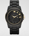 A sporty style with a sleek, modern appeal. Quartz movementWater resistant to 5 ATMRound acetate case, 42.5mm (1.6)Smooth bezel with goldtone ion-plated stainless steel accentsBlack dialLogo hour markersDate display at 3 o'clockSecond hand Black acetate link braceletImported