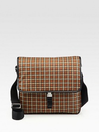 Plaid pattern shaped in a slim silhouette of tessuto nylon, for maximum comfort and wearability.Flap closureAdjustable shoulder strapInterior zip pocketsNylon11¾W x 10½H x 2½DMade in Italy