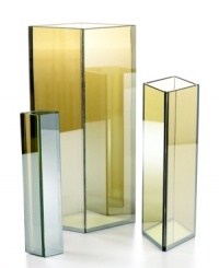 Any way you look at it, this tall Reflective vase shows off your modern side in tinted green glass. A reflective film around its cool diamond shape means, depending on your angle, you'll see straight through it, to the side or something behind you. Any way you look at it, this tall Reflective vase shows off your modern side in tinted green glass. A reflective film around its cool diamond shape means, depending on your angle, you'll see straight through it, to the side or something behind you.