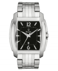 Solid, sturdy style. This Bulova watch features a stainless steel case and bracelet. Black dial with silvertone logo, stick indices and date window. Quartz movement. Water resistant to 30 meters. Three-year limited warranty. Solid, sturdy style. This Bulova watch features a stainless steel case and bracelet. Black dial with silvertone logo, stick indices and date window. Quartz movement. Water resistant to 30 meters. Three-year limited warranty.