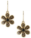 Call of the wild. Betsey Johnson's flower earrings are designed with leopard details and finished with a black-colored crystal accent at the center. Crafted in antiqued gold tone mixed metal. Approximate drop: 1-5/8 inches.