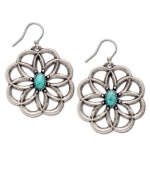 Natural beauty. Frame your face with these fresh-from-the-garden earrings by Lucky Brand. Flowers carved in worn silver tone mixed metal feature semi-precious reconstituted calcite turquoise at center of petals. Approximate drop: 1-5/8 inches.