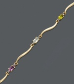 Let waves of sparkling color wash over your wrist. This multi stone bracelet features oval-cut white topaz (1/6 ct. t.w.), citrine (1/6 ct. t.w.), African amethyst (1/6 ct. t.w.), blue topaz (1/5 ct. t.w.), garnet (1/4 ct. t.w.), peridot (1/5 ct. t.w.) and diamond accents. Crafted in 18k gold over sterling silver. Approximate length: 7-1/4 inches.