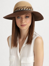 An exotic pheasant feather band adds flair to this straw design.90% toyo paper/10% cottonPheasant feather bandBrim, about 3Hand washMade in USA of imported fabric An exotic pheasant feather band adds flair to this straw design.90% toyo paper/10% cottonPheasant feather bandBrim, about 3Hand washMade in USA of imported fabric