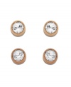 Double up on elegance and refinement. Swarovski's unique earring set includes two pairs of rose gold tone mixed metal pierced stud earrings. One pair sparkles in clear crystal while the other shimmers softly in Silk crystal. Approximate diameter: 1/2 inch.