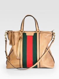 This oversized bag is a take-it-all necessity with a neutral leather background that puts the signature web front and center.Khaki leather with signature webPiping construction and black hand-painted edgesAntique gold hardwareTop handle, 4.7 dropDetachable and adjustable shoulder strap This oversized bag is a take-it-all necessity with a neutral leather background that puts the signature web front and center.Khaki leather with signature webPiping construction and black hand-painted edgesAntique gold hardwareTop handle, 4.7 dropDetachable and adjustable shoulder strap