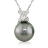 14k White Gold Black Tahitian Cultured Pearl with Diamond Accent Pendant Necklace (1/8 cttw, H-I Color, I1-I2 Clarity), 17