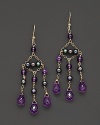 Tonal beads and 14 Kt. yellow gold set of the brilliantly-faceted amethysts in this gorgeous chandelier earring.