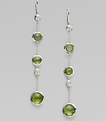 From the Silver Rain Collection. Delicate diamonds and richly colored faceted peridot within setttings of hammered sterling silver dangle delightfully from graceful chains.Diamonds, .20 tcw PeridotSterling silverDrop, about 2½Ear wireImported