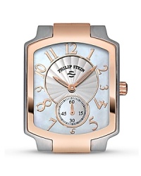 Philip Stein® modern rectangular watch head in stainless steel with rose goldplated accents and Arabic numbers. Fits 18 mm-Size 1 straps. Philip Stein® modern rectangular watch head in stainless steel with rose goldplated accents and Arabic numbers. Fits 18 mm-Size 1 straps.