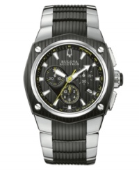 Masculine touches detail this impressive Bulova Accutron watch from the Corvara collection. Stainless steel bracelet with black ion-plated center links and round black ion-plated case with curved sapphire crystal. Textured black chronograph dial features silver tone stick indices, yellow tachymeter scale, date window at four o'clock, three subdials, luminous hour and minute hands, yellow second hand and logo. Swiss quartz movement. Water resistant to 100 meters. Five-year limited warranty. Masculine touches detail this impressive Bulova Accutron watch from the Corvara collection. Stainless steel bracelet with black ion-plated center links and round black ion-plated case with curved sapphire crystal. Textured black chronograph dial features silver tone stick indices, yellow tachymeter scale, date window at four o'clock, three subdials, luminous hour and minute hands, yellow second hand and logo. Swiss quartz movement. Water resistant to 100 meters. Five-year limited warranty.