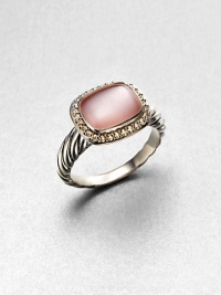 From the Noblesse Collection. A pretty pink mother-of-pearl cabochon center surrounded by a diamond accented border set in sterling silver cable shank. Pink mother-of-pearlDiamonds, .21 tcwSterling silverWidth, about .39Imported From the Noblesse Collection. A pretty pink mother-of-pearl cabochon center surrounded by a diamond accented border set in sterling silver cable shank. Pink mother-of-pearlDiamonds, .21 tcwSterling silverWidth, about .39Imported