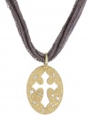 Mizuki 14k Gold and Diamond Cut Out Gothic Cross on Gray Silk Necklace