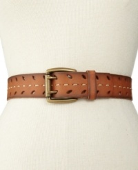 Flaunt a natural look with this Fossil center-stitched belt. Finished with cut-out detail and a double-prong buckle for added edge. Flaunt a natural look with this Fossil center-stitched belt. Finished with cut-out detail and a double-prong buckle for added edge.