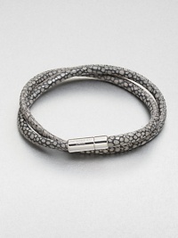 A double strand of fine Italian leather in a unique stingray pattern is offset by a sterling silver cylindrical clasp.LeatherSterling silverAbout 2½ diam.Made in the United Kingdom A double strand of fine Italian leather in a unique stingray pattern is offset by a sterling silver cylindrical clasp.LeatherSterling silverAbout 2½ diam.Made in the United Kingdom