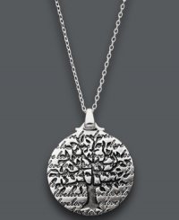 Keep family close to your heart always. This symbolic tree pendant features the words The Roots of a Family Tree Begin with the Love of Two Hearts engraved on the surface. Crafted in sterling silver. Approximate length: 16 inches. Approximate drop: 1 inch. Keep family close to your heart always. This symbolic tree pendant features the words The Roots of a Family Tree Begin with the Love of Two Hearts engraved on the surface. Crafted in sterling silver. Approximate length: 16 inches. Approximate drop: 1 inch.